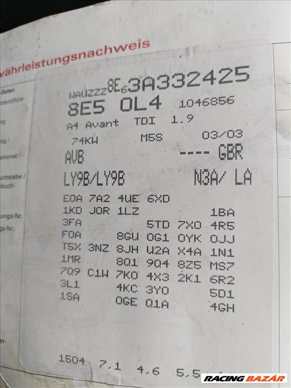 Audi A4 (B6/B7) Avant 1.9 TDI 5 seb kézi váltó GBR kóddal, 276713km-el eladó gbr5seb audia4b6 5. kép