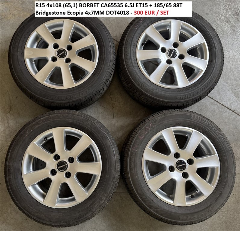R15 4x108 (65,1) BORBET CA65535 6.5J ET15 + 185/65 88T Bridgestone Ecopia 4x7MM DOT4018 1. kép