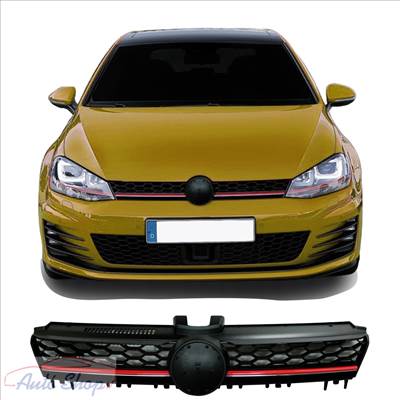 VW Volkswagen Golf VII GTI stílusú lakkozott fényes fekete hűtőrács piros csíkkal