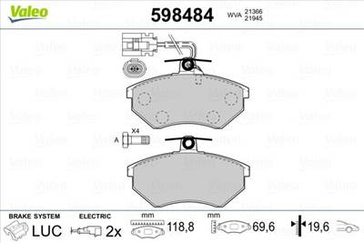 Fékbetét készlet VALEO 598484 for AUDI, VW, SEAT