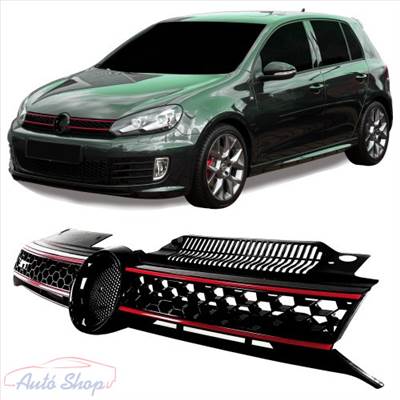 VW Volkswagen Golf VI - 6 GTI stílusú lakkozott fekete hűtőrács piros díszcsíkokkal