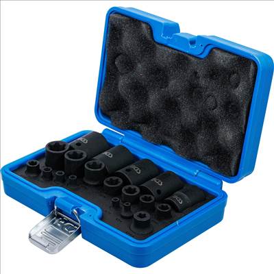 BGS Ütvecsavarozó dugókulcs készlet E-profil Plus 6.3mm (1/4"), 10mm (3/8"), 12.5mm (1/2") meghajtás EP4-EP32, 19 részes - BGS-74554