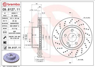 féktárcsa BREMBO 09.8127.11 for MERCEDES-BENZ