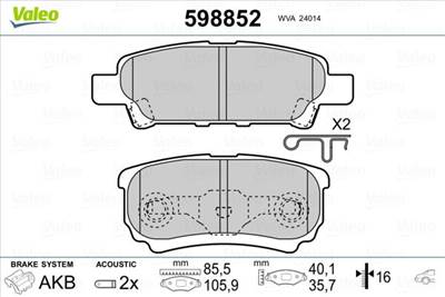 fékbetétkészlet, tárcsafék VALEO 598852 for MITSUBISHI, CHRYSLER, DODGE, JEEP, …
