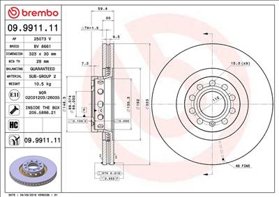 féktárcsa BREMBO 09.9911.11 for AUDI, VW