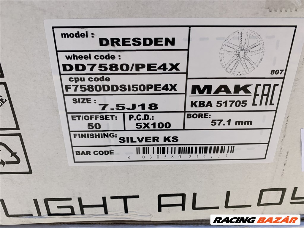  R18 5x100 (57,1)  MAK DRESDEN silver 7.5J ET50 új felnik alufelnik 8. kép