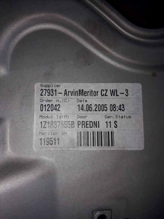 Skoda Octavia II Bal Elsõ Ablakemelõ Szerkezet Elektromos 1Z1837655 B 3. kép