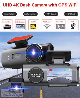 Autós kamera 4K UHD felvétellel, autós kamera DVR, éjjellátó videorögzítő, beépített Wi-Fi, GPS, 24 órás parkolás funkcióval 64gb