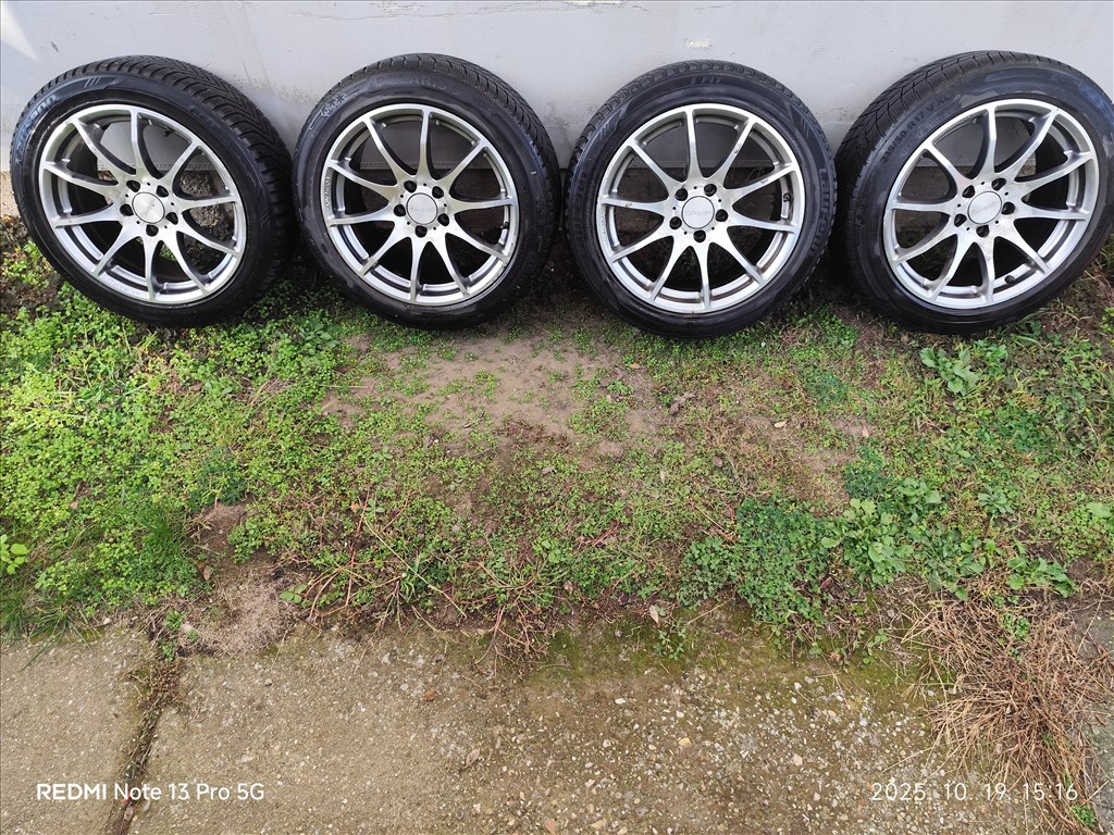  5x112 lyukosztású 17" használt alufelni, rajta 215/50 használt Barum téli gumi gumi  1. kép