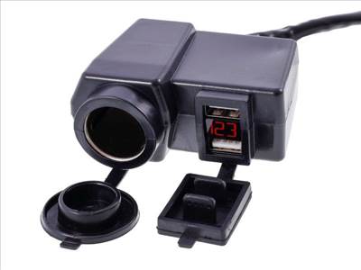 Motorkerékpár töltő 2xUSB 4.2A feszültségmérővel és EURO szivargyújtó aljzattal