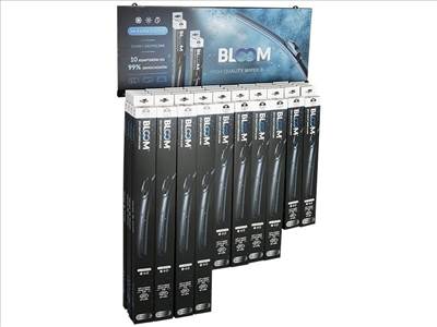 Lapos ablaktörlő lapátok készlete BLOOM U Multifit 10 adapterrel, 40 db + felfüggesztett kijelző