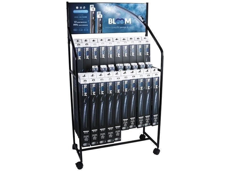 Lapos ablaktörlő lapátok készlete BLOOM U Multifit 10 adapterrel, 90 db + új adapterek + kerekekkel ellátott álló display 1. kép