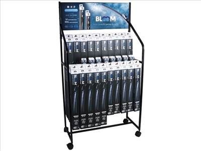 Lapos ablaktörlő lapátok készlete BLOOM U Multifit 10 adapterrel, 90 db + új adapterek + kerekekkel ellátott álló display