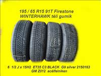  5x110 lyukosztású 15" újszerű lemezfelni, rajta 195/65 használt Firestone téli gumi gumi 