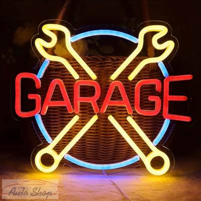 Autószerelő műhely LED tábla neonreklám dekoráció , autós LED neon éjszakai lámpa, BMW GARAGE - Garázstábla 27 x 31,5 cm
