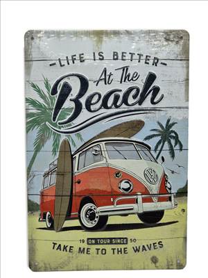 Volkswagen VW T1 Transporter Life is better - At the beach - fémplakát fém tábla (20x30cm)