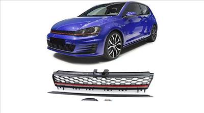 VW Volkswagen Golf VII GTI stílusú lakkozott fényes fekete hűtőrács piros csíkkal