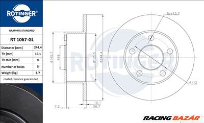 Audi A6-C5, Skoda Superb 1, Vw Passat B5 hátsó féktárcsa 245mm hűtetlen-Rotinger, kivéve 4x4,syncro