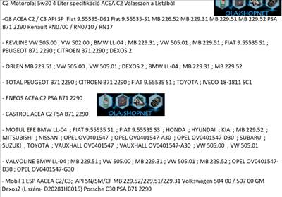 C2 Motorolaj 5w30 4 Liter specifikáció ACEA C2 Válasszon a Listából