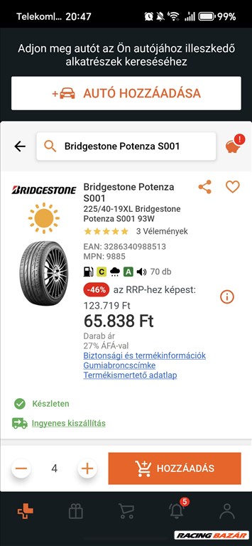  225/40 R19  93W Bridgestone  Potenza S001 DOT 4820  7mm 17500Ft/db 3. kép