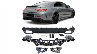 Mercedes Benz C257 CLS 2018-2023 AMG LINE-hoz CLS 53 AMG stílusú utángyártott matt fekete hátsó diffúzor fekete króm kipufogó végekkel