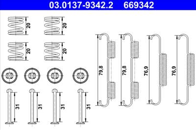 ATE 03.0137-9342.2 - tartozékkészlet, rögzítőfék pofa MERCEDES-BENZ NISSAN