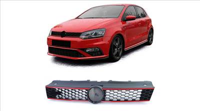 VW Volkswagen Polo V 6R 6C 2009-2017 matt fekete méhsejtes hűtőrács piros csíkokkal