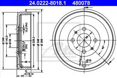 ATE 24.0222-8018.1 - fékdob ALFA ROMEO CITROËN FIAT LANCIA PEUGEOT