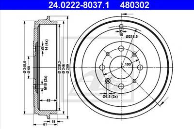 ATE 24.0222-8037.1 - fékdob FIAT OPEL VAUXHALL