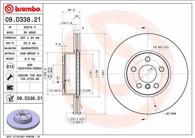 BREMBO 09.D338.21 - féktárcsa BMW BMW (BRILLIANCE)