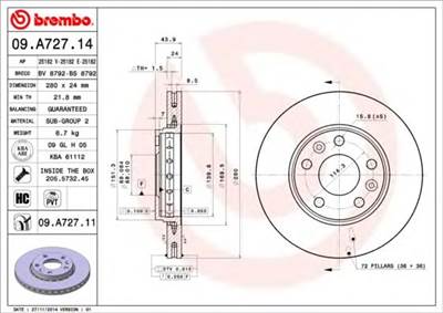 BREMBO 09.A727.14 - féktárcsa DACIA NISSAN RENAULT