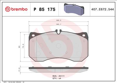 BREMBO P 85 175 - fékbetétkészlet, tárcsafék AUDI