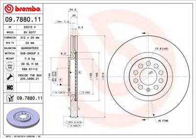BREMBO 09.7880.11 - féktárcsa AUDI SEAT SKODA VW VW (FAW)