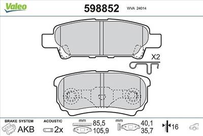 Fékbetét készlet VALEO 598852 for MITSUBISHI, CHRYSLER, DODGE, JEEP, …