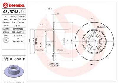 BREMBO 08.5743.11 - féktárcsa AUDI AUDI (FAW) SKODA VW VW (SVW)