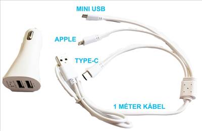 2-es USB töltő M-USB/Apple/Type-C 12V 2.1A AE-WF132-1