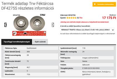 Opel Vivaro A, Renault Trafic II, Nissan Primastar Trw Féktárcsa DF4275S