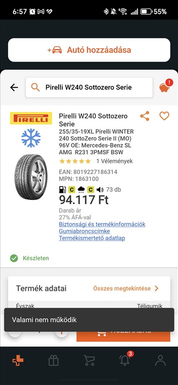 255 35 R19 96V Pirelli Sottozero Winter210 Serie II. DOT 2624  Profilmèlysèg 6,5mm  20000Ft/db 8. kép