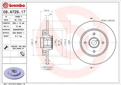 BREMBO 08.A729.17 - féktárcsa CITROËN DS DS (CAPSA) PEUGEOT PEUGEOT (DF-PSA)