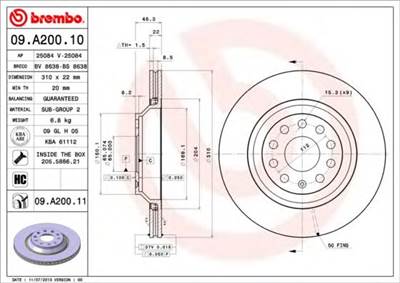 BREMBO 09.A200.11 - féktárcsa AUDI AUDI (FAW) AUDI (SAIC) CHRYSLER CUPRA SEAT SKODA VW VW (FAW) VW (