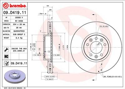 BREMBO 09.D419.11 - féktárcsa CITROËN OPEL PEUGEOT TOYOTA VAUXHALL