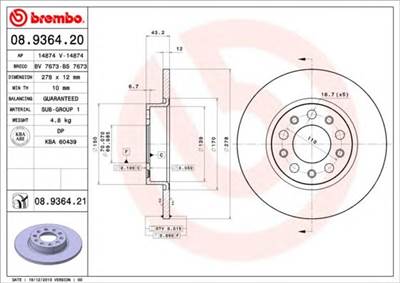 BREMBO 08.9364.21 - féktárcsa ALFA ROMEO FIAT JEEP JEEP (GAC FCA)