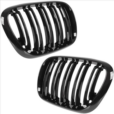 BMW X5 E53 99-03 vese hûtőrács a fényszórók között bal  jobb komplett DOUBLE SLAT GLOSSY BLACK