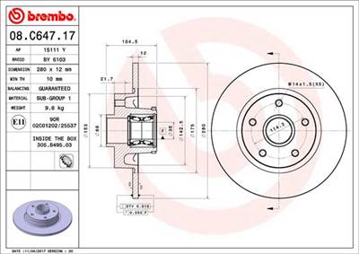 BREMBO 08.C647.17 - féktárcsa FIAT NISSAN OPEL RENAULT VAUXHALL