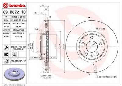 BREMBO 09.B822.11 - féktárcsa AUDI
