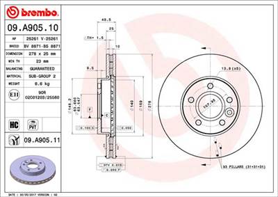 BREMBO 09.A905.11 - féktárcsa FORD FORD (CHANGAN) FORD ASIA / OCEANIA FORD AUSTRALIA VOLVO VOLVO (CH