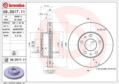 BREMBO 09.D017.11 - féktárcsa CITROËN FIAT OPEL PEUGEOT VAUXHALL