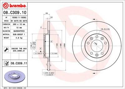 BREMBO 08.C309.11 - féktárcsa CITROËN CITROËN (DF-PSA) DS OPEL PEUGEOT PEUGEOT (DF-PSA) TOYOTA VAUXH