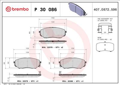 BREMBO P 30 086 - fékbetét HYUNDAI KIA