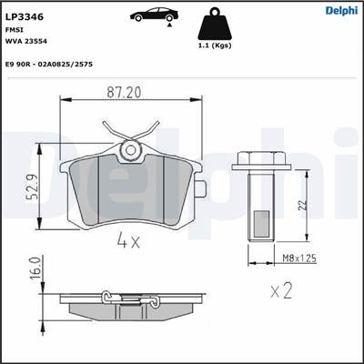 DELPHI LP3346 - fékbetétkészlet, tárcsafék CITROËN CITROEN (DF-PSA) MG OPEL PEUGEOT PEUGEOT (DF-PSA)